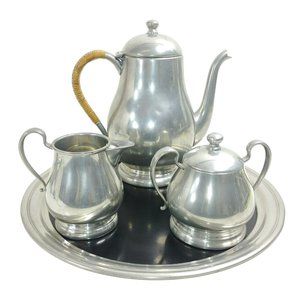 Tea Set Queen Art Hand-made Pewter Pot Tray Sugar Creamer Hallmark Stamp 5pc set